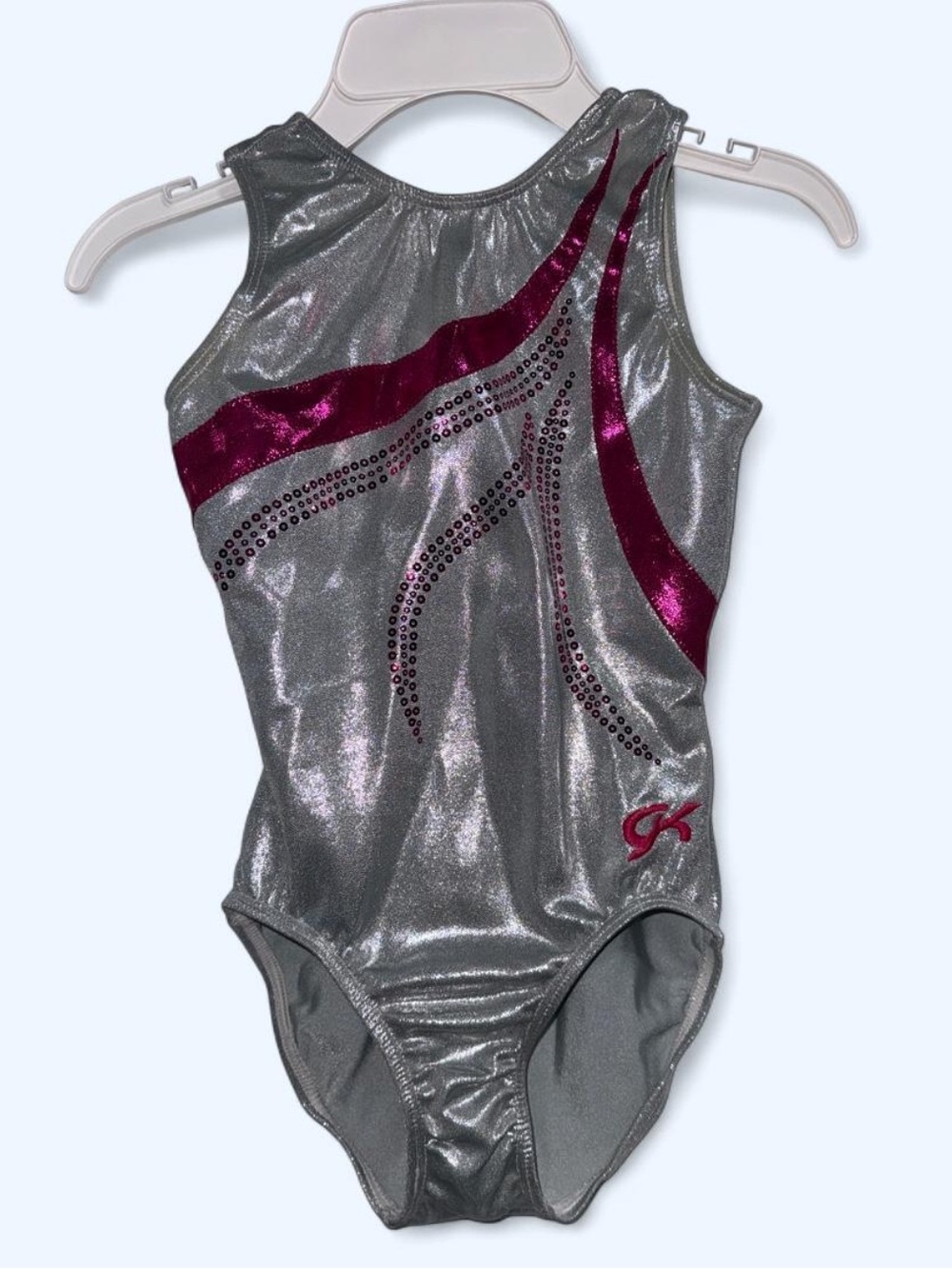 Sparkling Silver Gymnastics Leotard with Magenta Accents Child’s Large